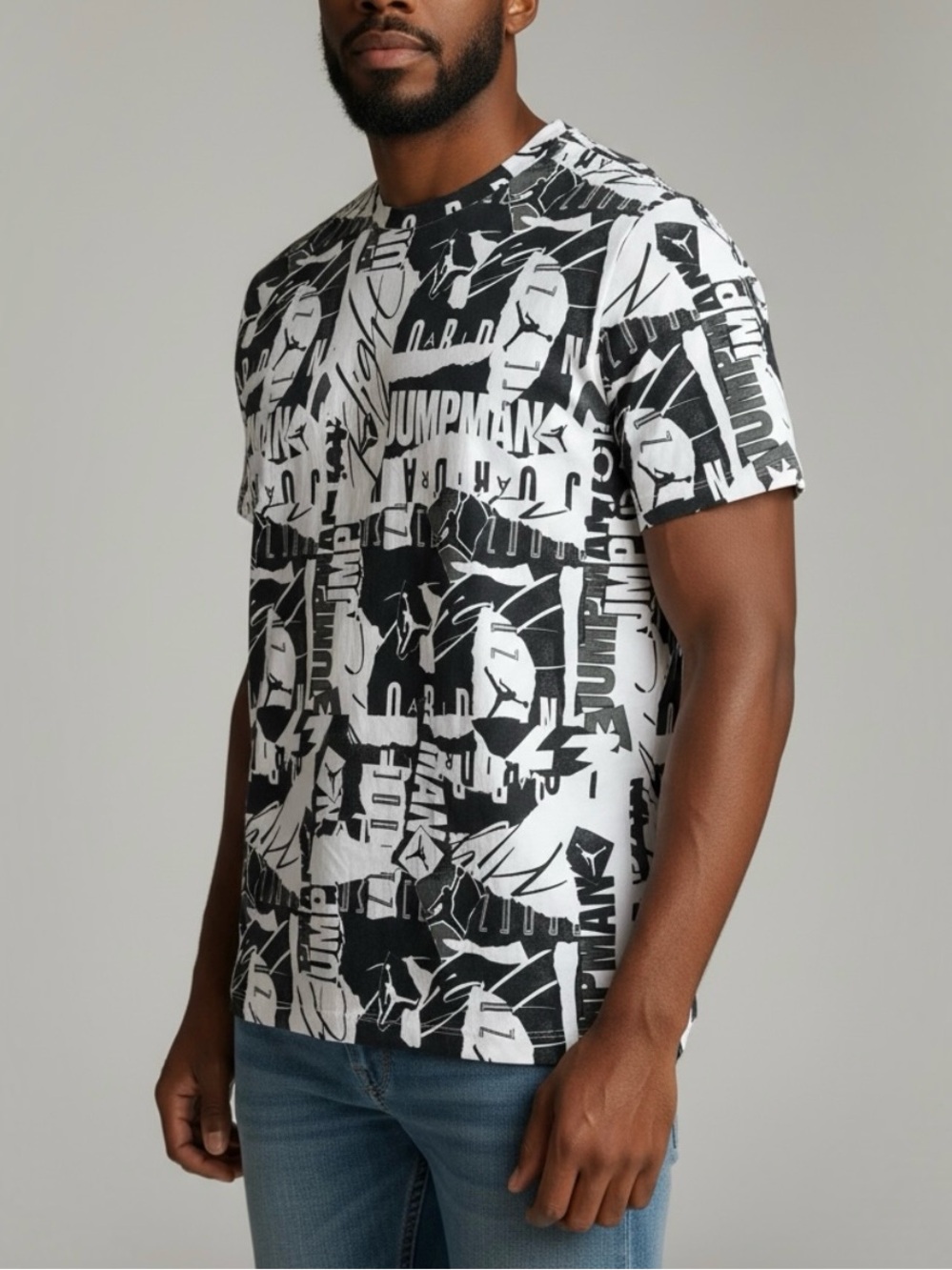 Jordan Jumpman Flight Men’s All Over Print Graphic Logo Black & White T-Shirt XL